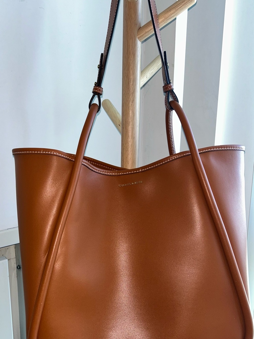 Charles & Keith Lyla Slouchy Tubular Tote Bag with Matching Pouch - Cognac shade